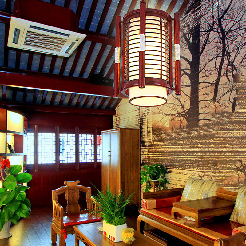 Traditionelle chinesische Kampferkieferholz-Imitation Schaffell Zylinderzaun 1/3/5 Licht Pendelleuchte für Esszimmer 
