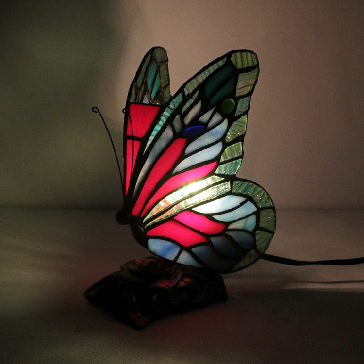 Lampe de table 1 lumière en résine et verre avec base rose papillon Tiffany traditionnelle pour chambre 