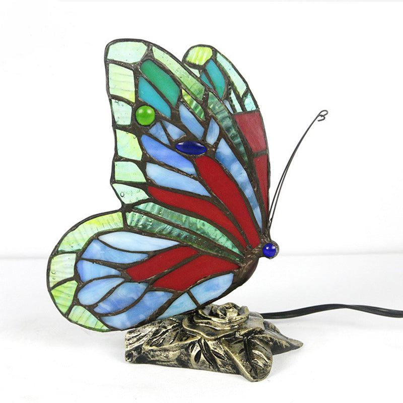 Lampe de table 1 lumière en résine et verre avec base rose papillon Tiffany traditionnelle pour chambre 