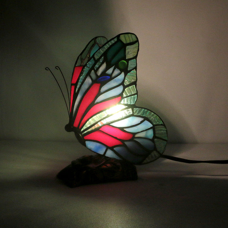 Lampe de table 1 lumière en résine et verre avec base rose papillon Tiffany traditionnelle pour chambre 