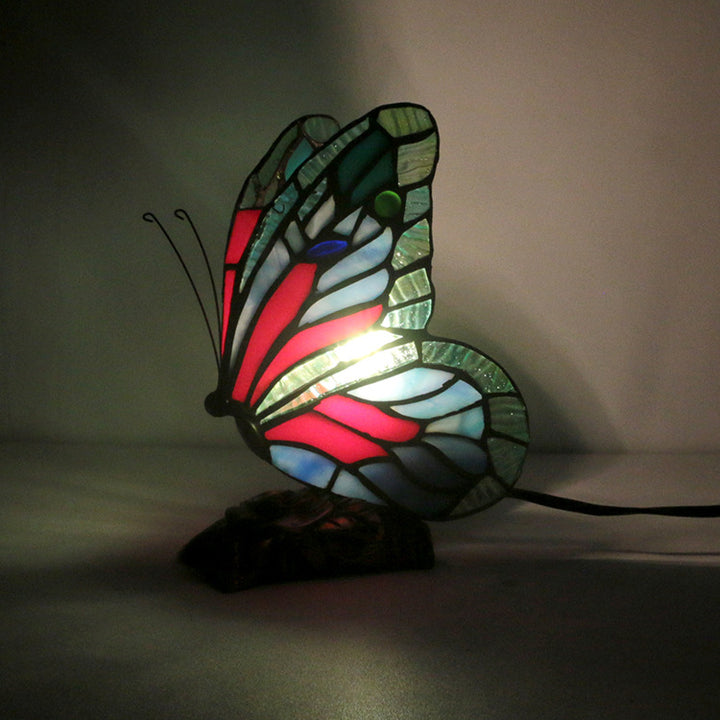 Lampe de table 1 lumière en résine et verre avec base rose papillon Tiffany traditionnelle pour chambre 