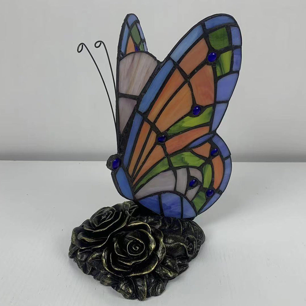Lampe de table 1 lumière en résine et verre avec base rose papillon Tiffany traditionnelle pour chambre 