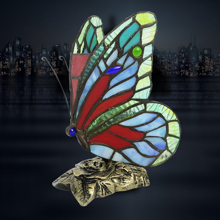 Lampe de table 1 lumière en résine et verre avec base rose papillon Tiffany traditionnelle pour chambre 