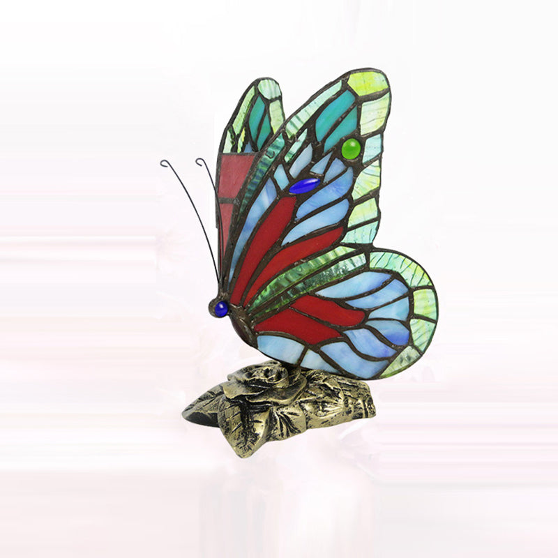 Lampe de table 1 lumière en résine et verre avec base rose papillon Tiffany traditionnelle pour chambre 