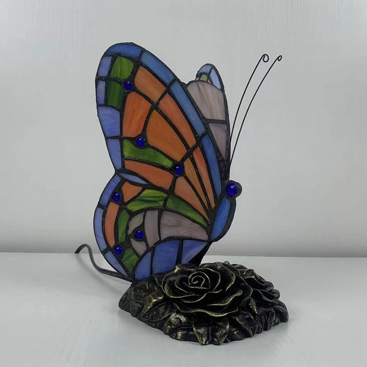 Lampe de table 1 lumière en résine et verre avec base rose papillon Tiffany traditionnelle pour chambre 
