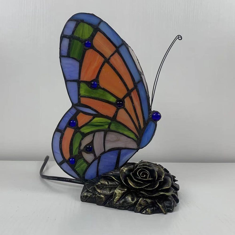 Lampe de table 1 lumière en résine et verre avec base rose papillon Tiffany traditionnelle pour chambre 