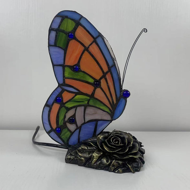 Traditional Tiffany Butterfly Rose Base Resin Glass 1-Light Table Lamp For Bedroom