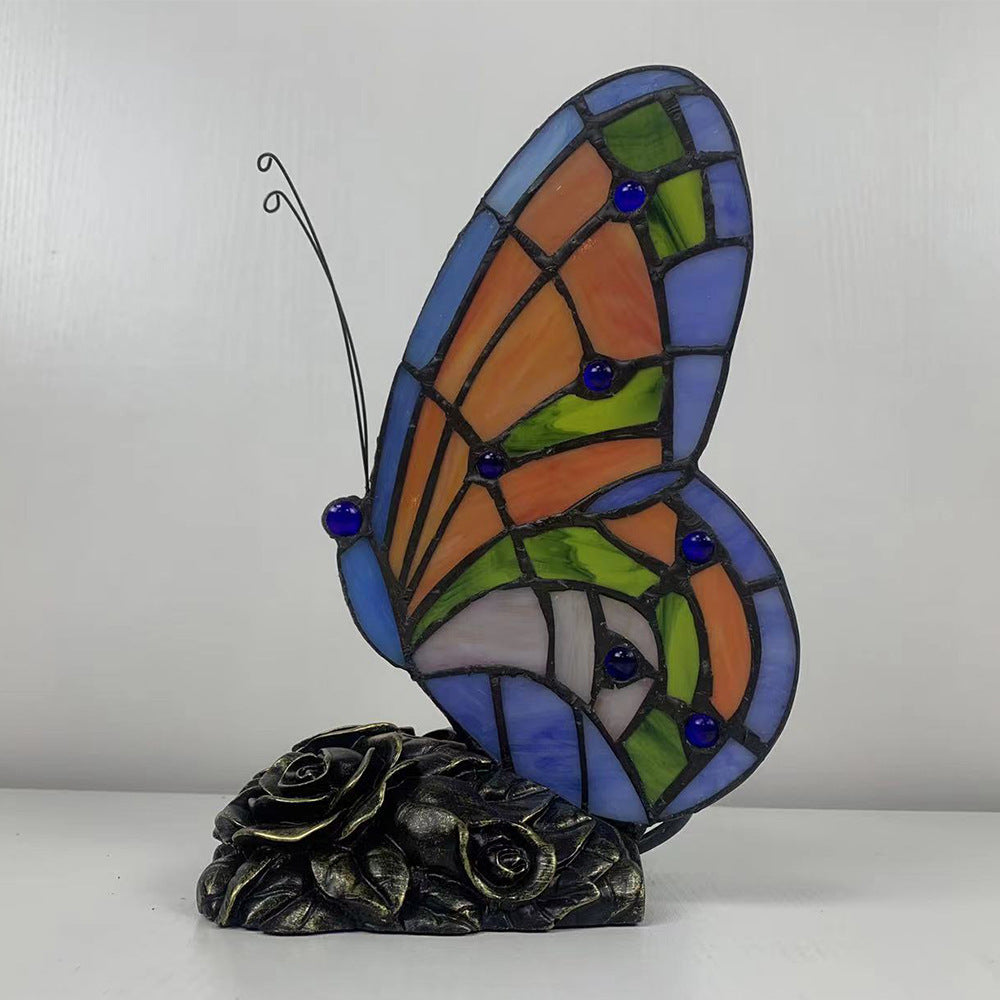 Lampe de table 1 lumière en résine et verre avec base rose papillon Tiffany traditionnelle pour chambre 