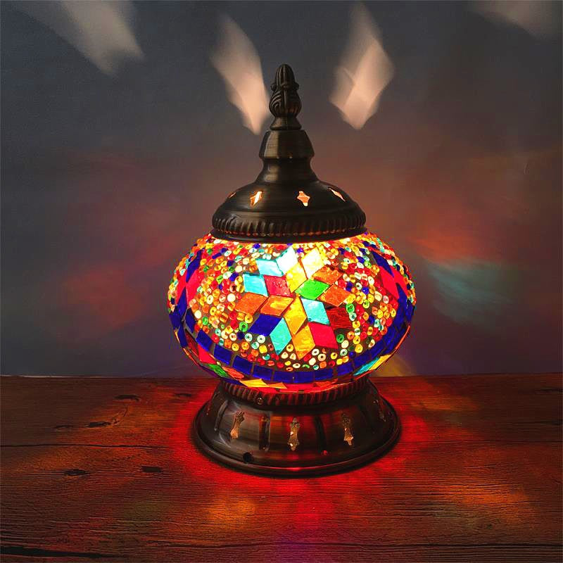 Contemporary Boho Iron Glass Pieces Mosaic Tower Shape 1-Light Table Lamp Night Light For Bedroom