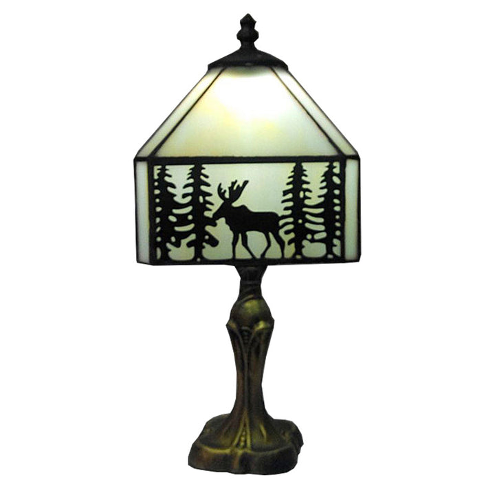 Lámpara de Mesa de Un Solo Luz con Forma de Cono Metálico de Vidrio Tiffany Tradicional con Ciervo para Mesita de Noche 