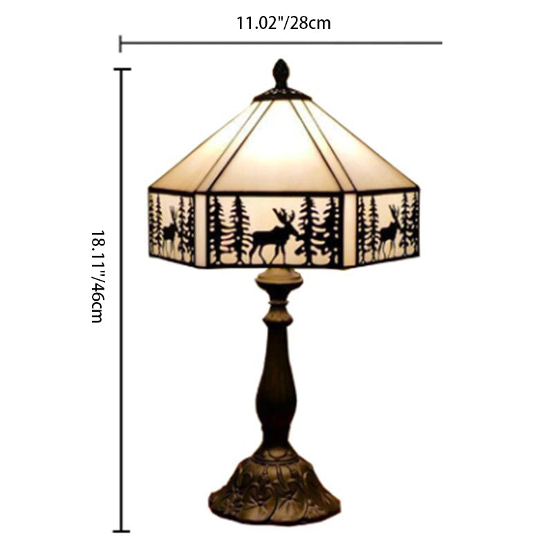 Lámpara de Mesa de Un Solo Luz con Forma de Cono Metálico de Vidrio Tiffany Tradicional con Ciervo para Mesita de Noche 