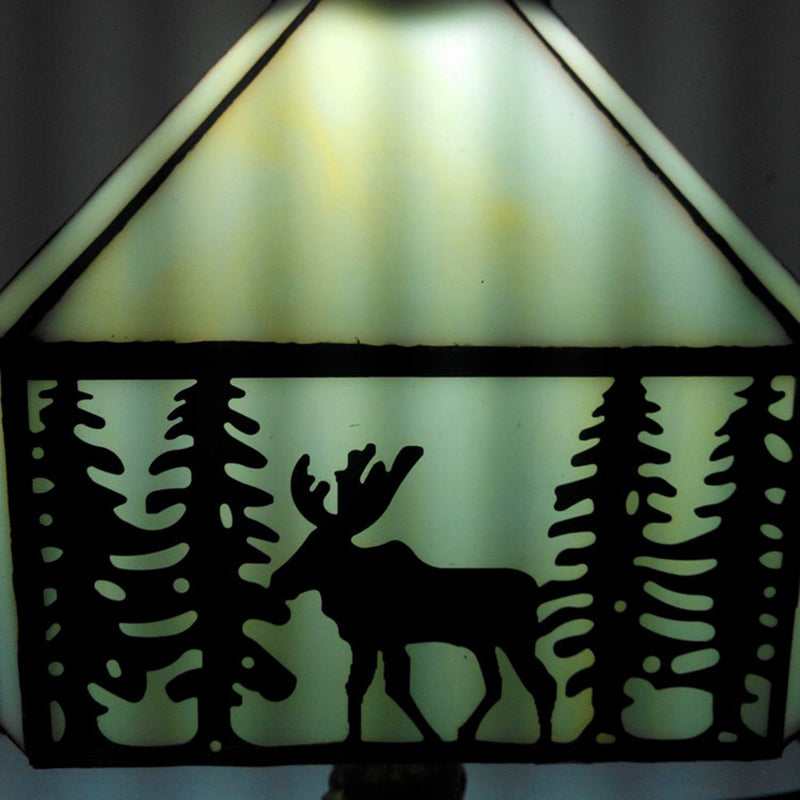 Lámpara de Mesa de Un Solo Luz con Forma de Cono Metálico de Vidrio Tiffany Tradicional con Ciervo para Mesita de Noche 