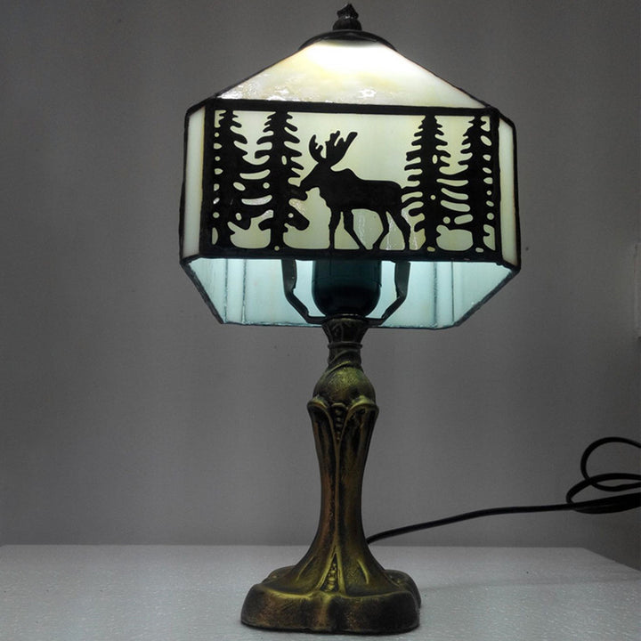 Lámpara de Mesa de Un Solo Luz con Forma de Cono Metálico de Vidrio Tiffany Tradicional con Ciervo para Mesita de Noche 
