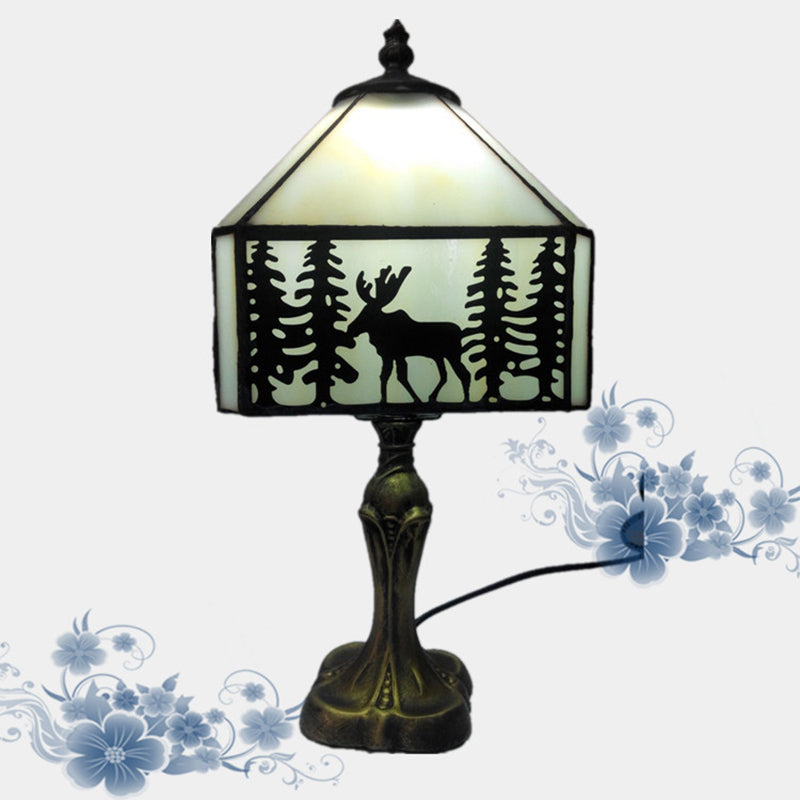 Lámpara de Mesa de Un Solo Luz con Forma de Cono Metálico de Vidrio Tiffany Tradicional con Ciervo para Mesita de Noche 