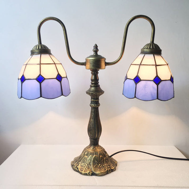 Lampe de table à 2 lumières en verre Tiffany traditionnel en résine de fer avec perles et col de cygne pour chevet 