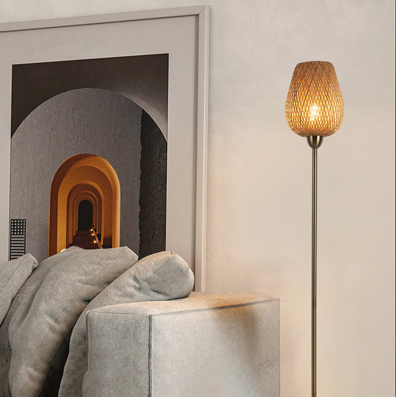 Lampe de sol contemporaine Bohème en bambou et métal avec lanterne 1 lumière pour salon 
