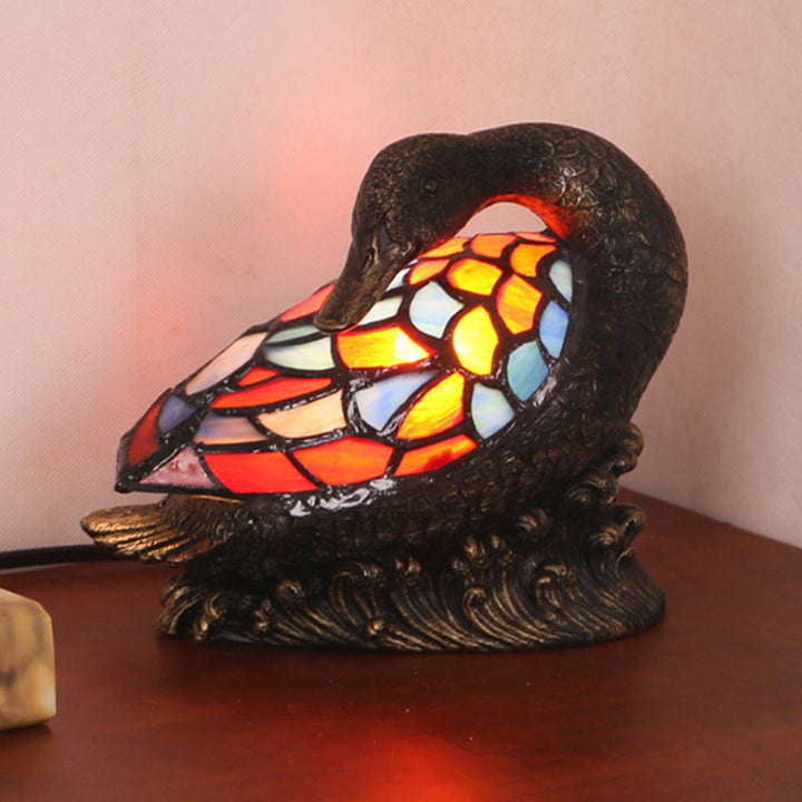 Lampe de table 1 lumière en résine de verre Tiffany traditionnelle avec décoration de canard sculptée à la main, veilleuse pour chevet 