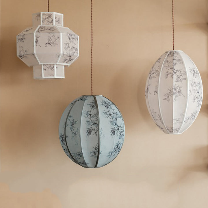 Lanterne en Tencel Chinois Traditionnel Boule Elliptique Feuille de Bambou Suspension 1 Lumière Pour Salle à Manger 