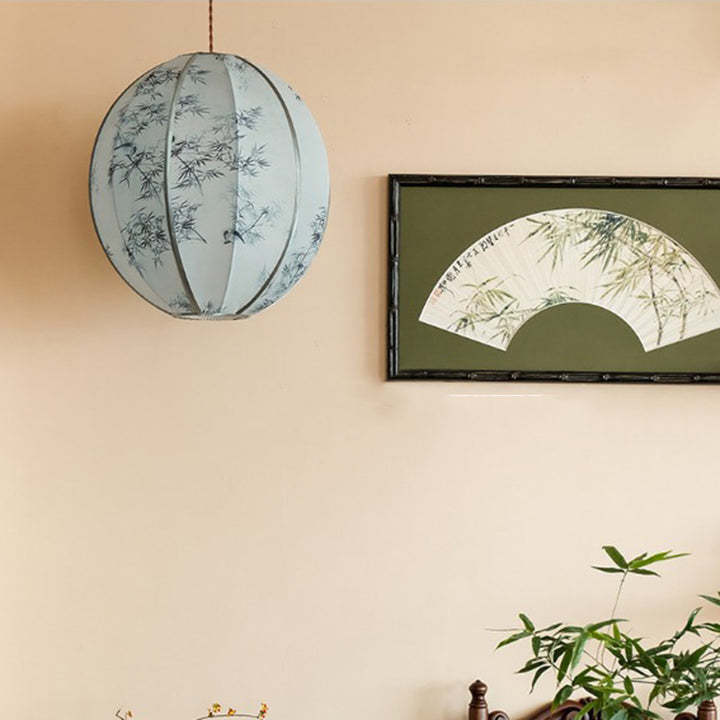 Lanterne en Tencel Chinois Traditionnel Boule Elliptique Feuille de Bambou Suspension 1 Lumière Pour Salle à Manger 