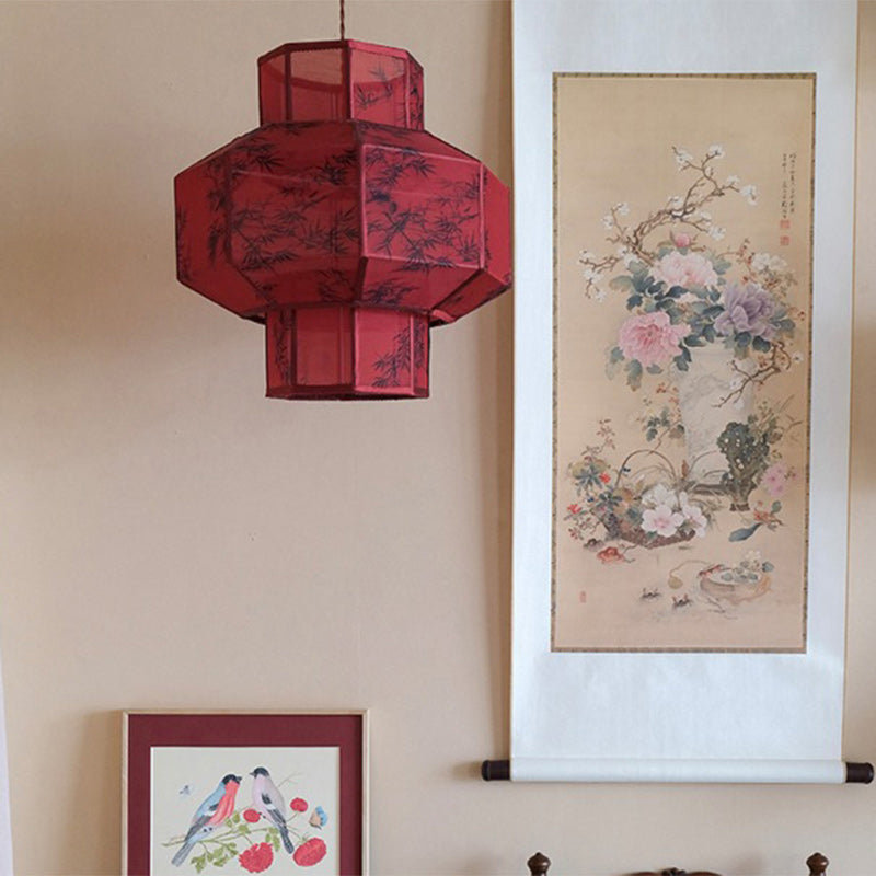 Lanterne en Tencel Chinois Traditionnel Boule Elliptique Feuille de Bambou Suspension 1 Lumière Pour Salle à Manger 