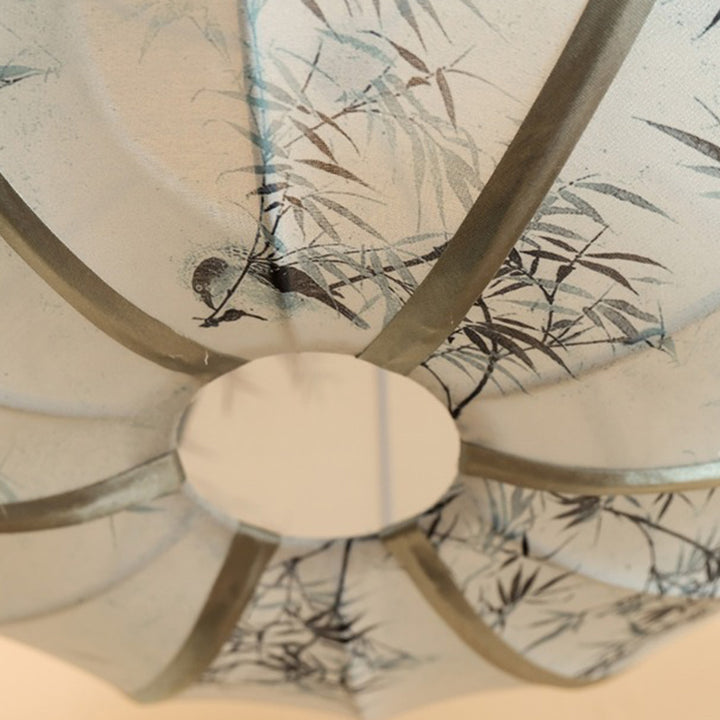 Lanterne en Tencel Chinois Traditionnel Boule Elliptique Feuille de Bambou Suspension 1 Lumière Pour Salle à Manger 