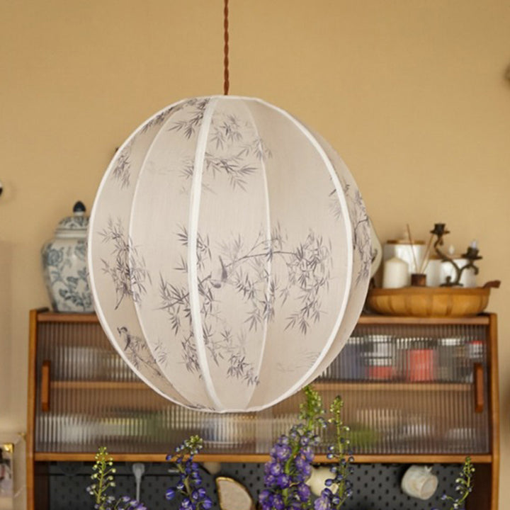 Lanterne en Tencel Chinois Traditionnel Boule Elliptique Feuille de Bambou Suspension 1 Lumière Pour Salle à Manger 
