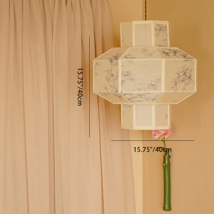 Lanterne en Tencel Chinois Traditionnel Boule Elliptique Feuille de Bambou Suspension 1 Lumière Pour Salle à Manger 