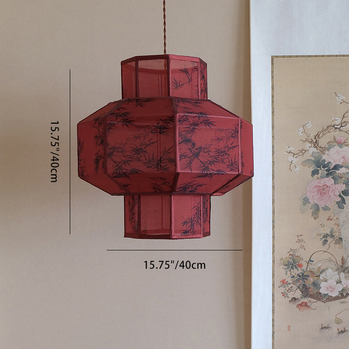 Lanterne en Tencel Chinois Traditionnel Boule Elliptique Feuille de Bambou Suspension 1 Lumière Pour Salle à Manger 