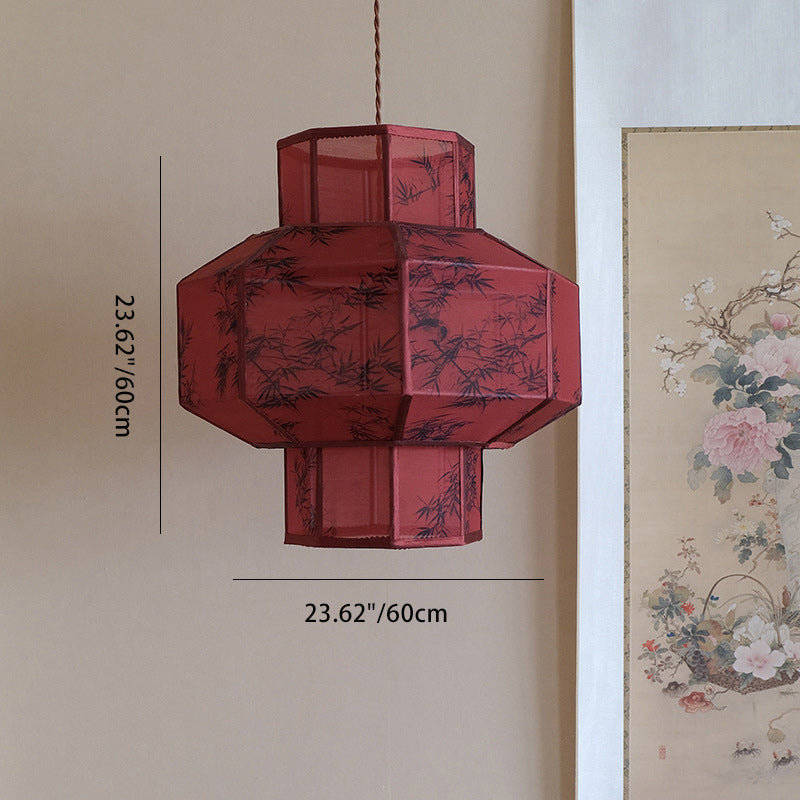 Lanterne en Tencel Chinois Traditionnel Boule Elliptique Feuille de Bambou Suspension 1 Lumière Pour Salle à Manger 