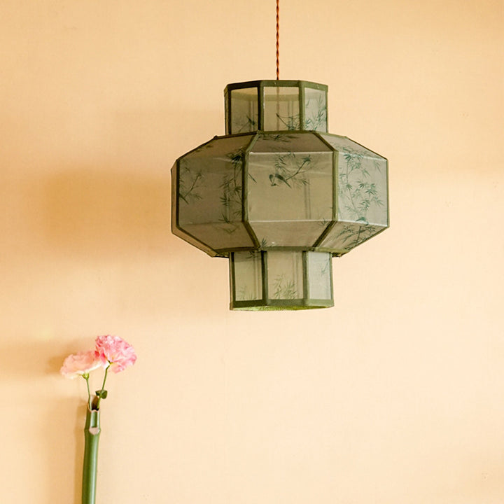 Lanterne en Tencel Chinois Traditionnel Boule Elliptique Feuille de Bambou Suspension 1 Lumière Pour Salle à Manger 