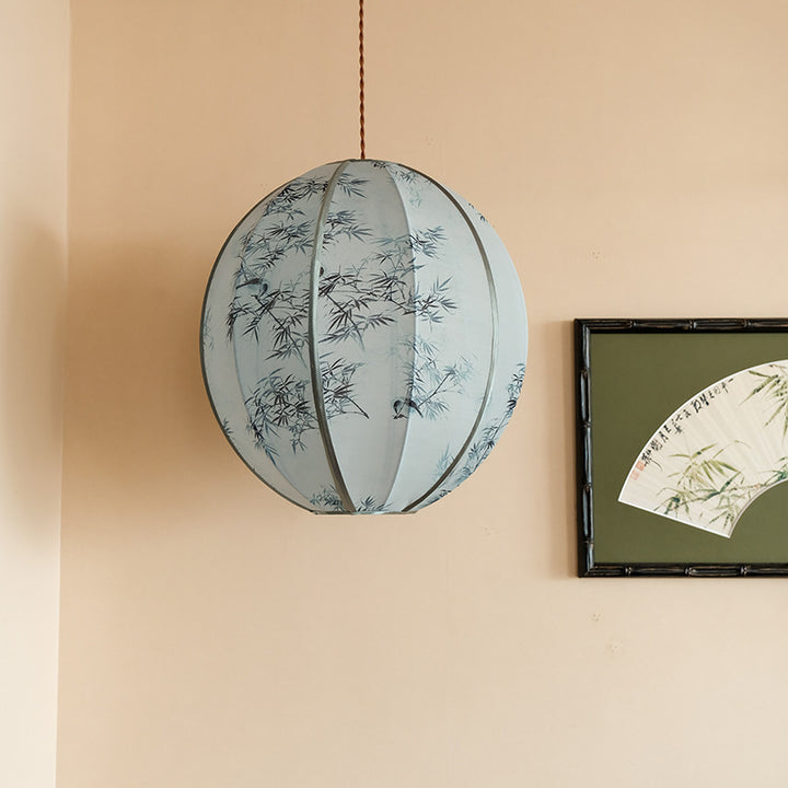 Lanterne en Tencel Chinois Traditionnel Boule Elliptique Feuille de Bambou Suspension 1 Lumière Pour Salle à Manger 