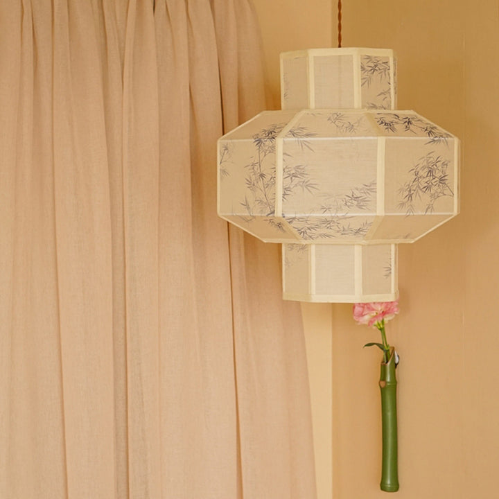 Lanterne en Tencel Chinois Traditionnel Boule Elliptique Feuille de Bambou Suspension 1 Lumière Pour Salle à Manger 