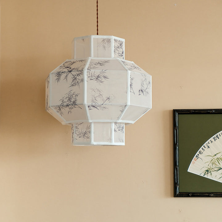Lanterne en Tencel Chinois Traditionnel Boule Elliptique Feuille de Bambou Suspension 1 Lumière Pour Salle à Manger 