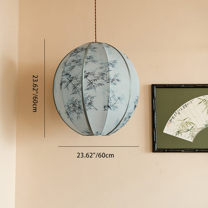 Lanterne en Tencel Chinois Traditionnel Boule Elliptique Feuille de Bambou Suspension 1 Lumière Pour Salle à Manger 