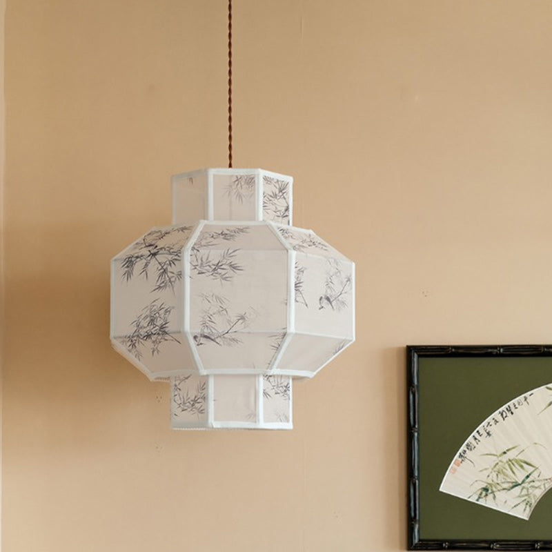 Lanterne en Tencel Chinois Traditionnel Boule Elliptique Feuille de Bambou Suspension 1 Lumière Pour Salle à Manger 