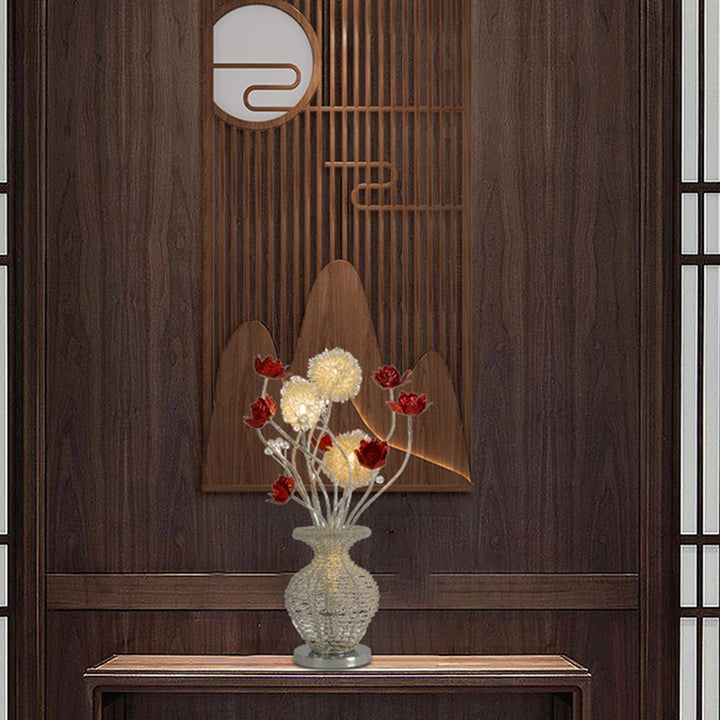 Lámpara de mesa LED de rosa jarrón decorativo de tejido de alambre de aluminio Art Deco moderno para dormitorio 