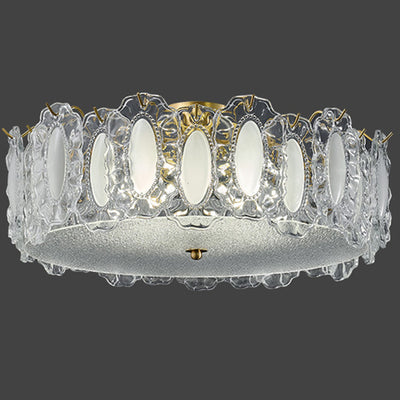 Traditionelle französische Deckenleuchte aus Messing und Glas, mattiert, rund, geriffelt, 4/5 Lichter, halbbündige Montage, für Schlafzimmer 
