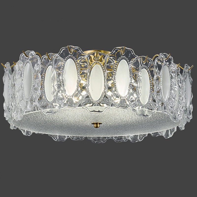 Traditionelle französische Deckenleuchte aus Messing und Glas, mattiert, rund, geriffelt, 4/5 Lichter, halbbündige Montage, für Schlafzimmer 