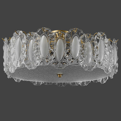 Traditionelle französische Deckenleuchte aus Messing und Glas, mattiert, rund, geriffelt, 4/5 Lichter, halbbündige Montage, für Schlafzimmer 