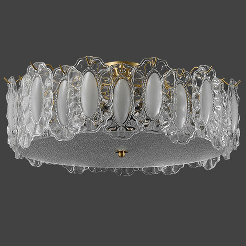 Traditionelle französische Deckenleuchte aus Messing und Glas, mattiert, rund, geriffelt, 4/5 Lichter, halbbündige Montage, für Schlafzimmer 