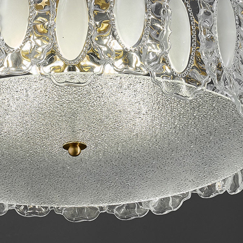 Traditionelle französische Deckenleuchte aus Messing und Glas, mattiert, rund, geriffelt, 4/5 Lichter, halbbündige Montage, für Schlafzimmer 