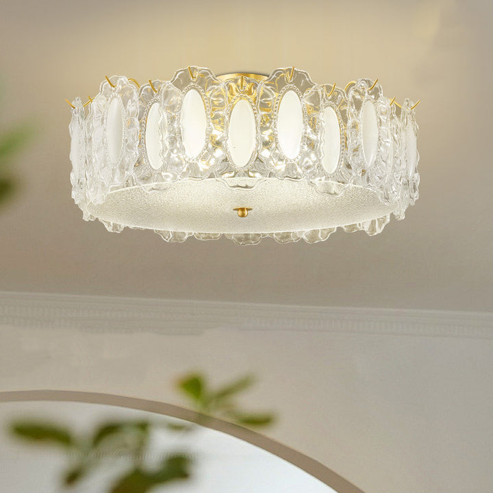 Traditionelle französische Deckenleuchte aus Messing und Glas, mattiert, rund, geriffelt, 4/5 Lichter, halbbündige Montage, für Schlafzimmer 
