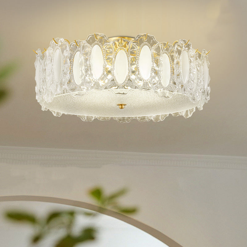 Traditionelle französische Deckenleuchte aus Messing und Glas, mattiert, rund, geriffelt, 4/5 Lichter, halbbündige Montage, für Schlafzimmer 