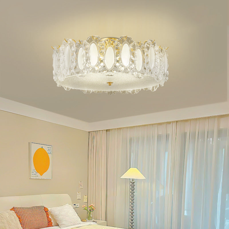 Traditionelle französische Deckenleuchte aus Messing und Glas, mattiert, rund, geriffelt, 4/5 Lichter, halbbündige Montage, für Schlafzimmer 