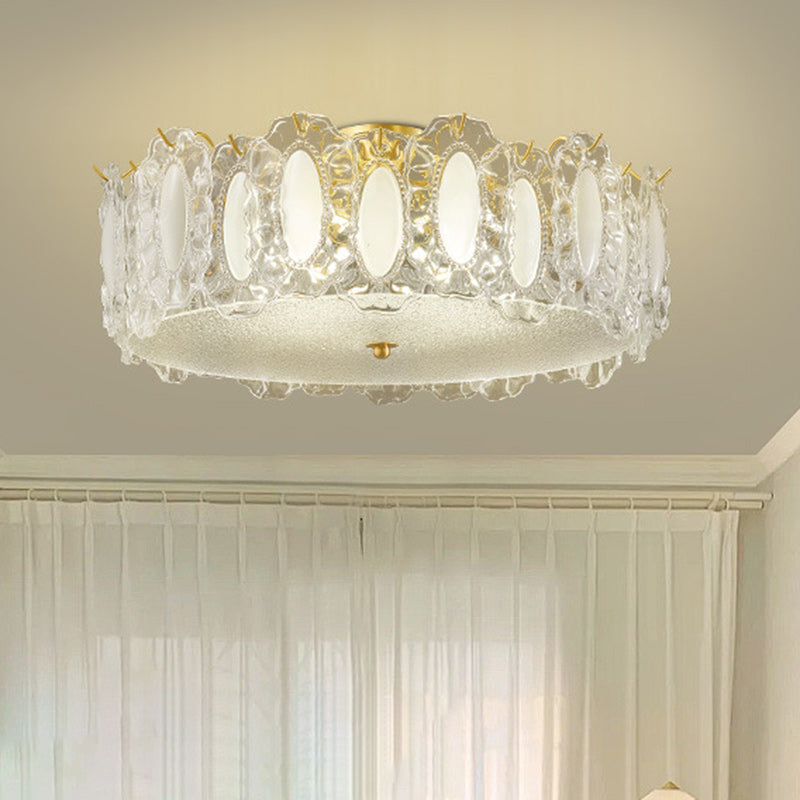 Traditionelle französische Deckenleuchte aus Messing und Glas, mattiert, rund, geriffelt, 4/5 Lichter, halbbündige Montage, für Schlafzimmer 
