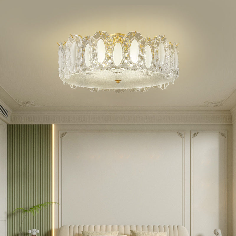 Traditionelle französische Deckenleuchte aus Messing und Glas, mattiert, rund, geriffelt, 4/5 Lichter, halbbündige Montage, für Schlafzimmer 