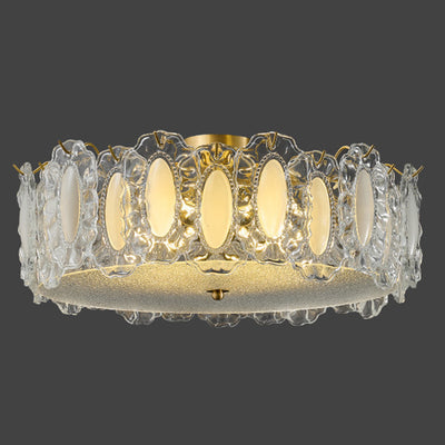 Traditionelle französische Deckenleuchte aus Messing und Glas, mattiert, rund, geriffelt, 4/5 Lichter, halbbündige Montage, für Schlafzimmer 