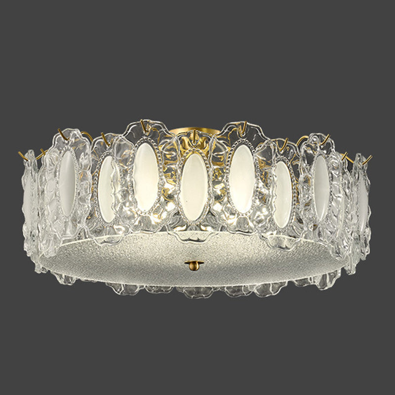 Traditionelle französische Deckenleuchte aus Messing und Glas, mattiert, rund, geriffelt, 4/5 Lichter, halbbündige Montage, für Schlafzimmer 