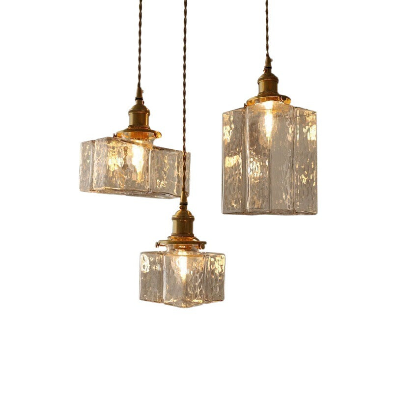 Zeitgenössische Retro Messing Eisen Glas Zylinder Würfel 1-Licht Pendelleuchte für Esszimmer 