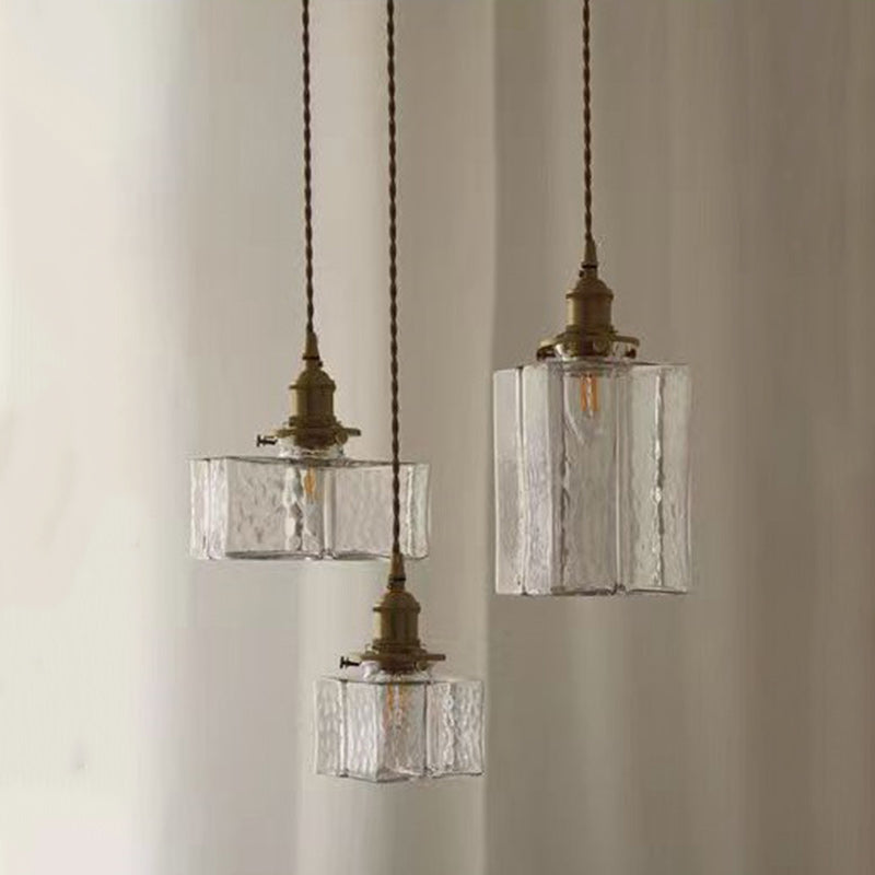 Zeitgenössische Retro Messing Eisen Glas Zylinder Würfel 1-Licht Pendelleuchte für Esszimmer 